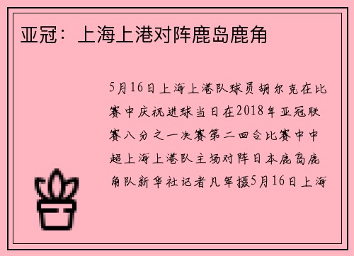 亚冠：上海上港对阵鹿岛鹿角