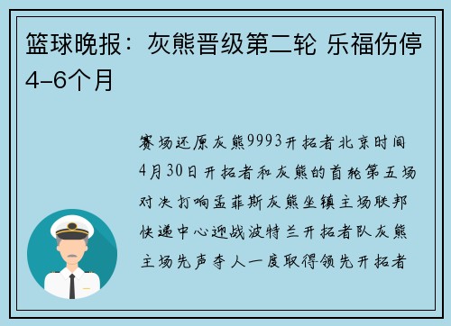篮球晚报：灰熊晋级第二轮 乐福伤停4-6个月